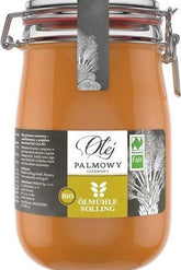 Ölmühle Solling organic red palm oil in a glass jar, rich in vitamins A and E, for versatile cooking use.